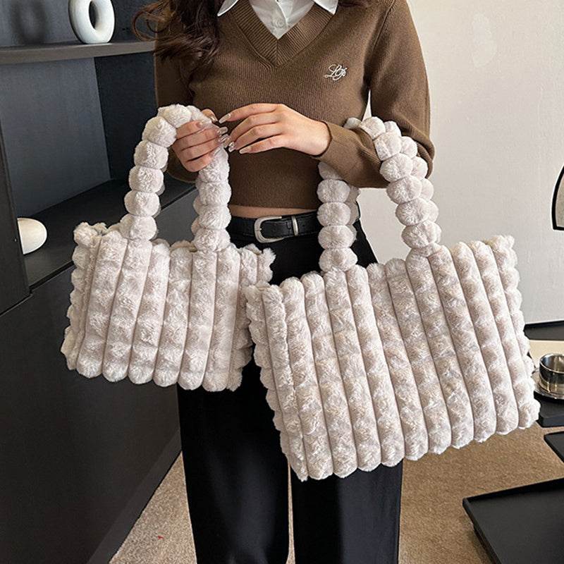 Plaid Handbags Winter Fashion High Capacity Shopping Plush Bag Korean Style Personalized Designer Luxury Tote Bags For Women - Mubimart
