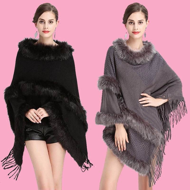Large Size Faux Fox Fur Mid-length Cape Shawl - Mubimart