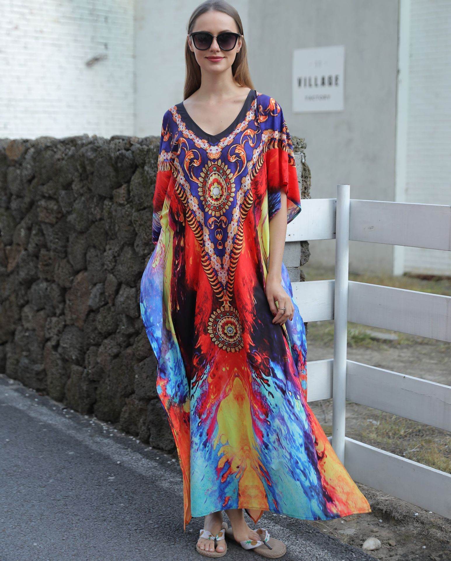 Plus Size Kaftan Beach Cover-ups Loose Summer Maxi Dress - Mubimart