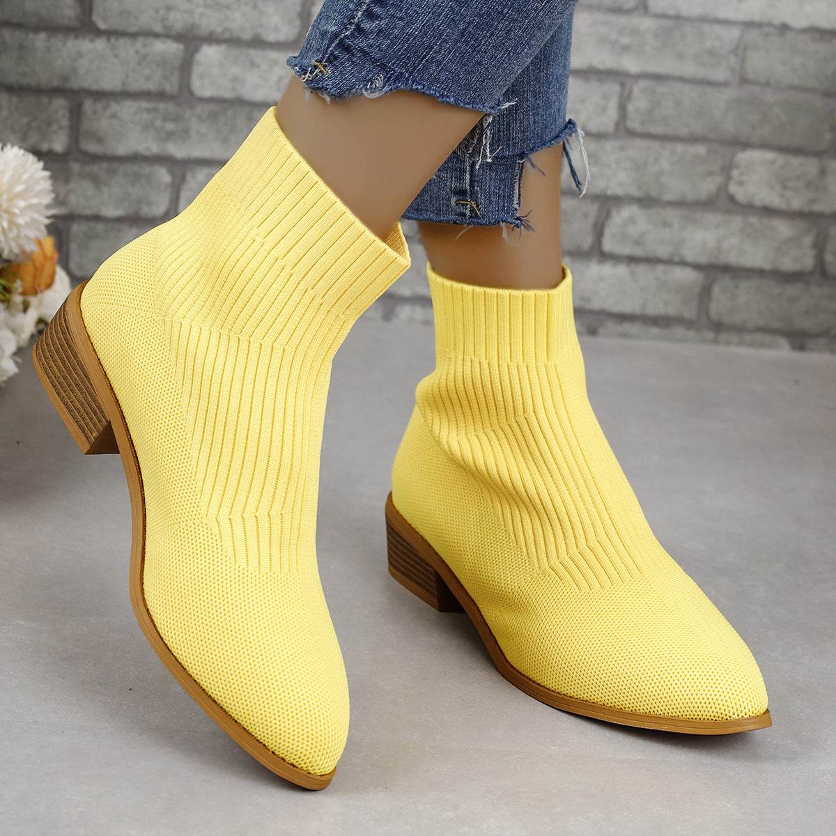 Chunky Heel Pointed Toe Ankle Boots Fashion Breathable Mid-tube Knitted Socks Shoes For Women Short Boot - Mubimart