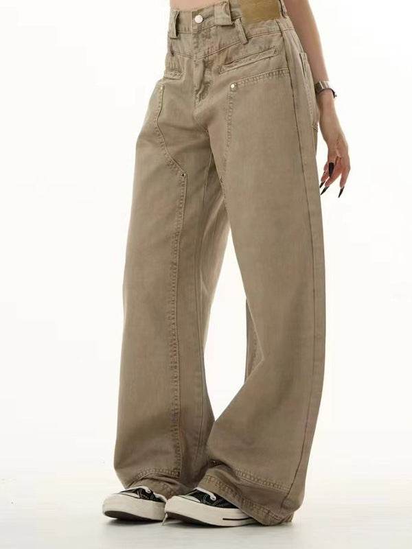 Khaki Front And Rear Reverse Niche Design Casual Pants - Mubimart