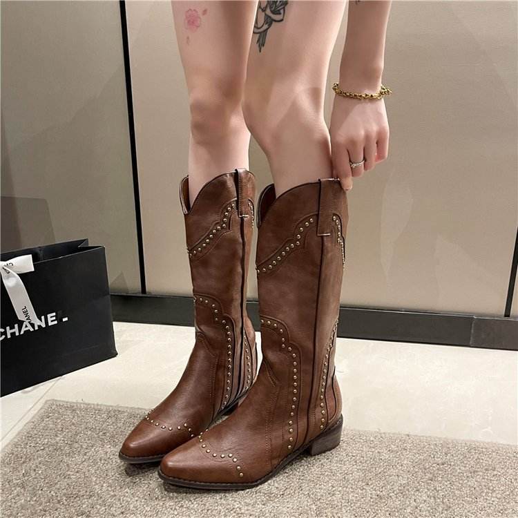 Retro Rivet Western Cowboy Boot All-match High-top Women - Mubimart