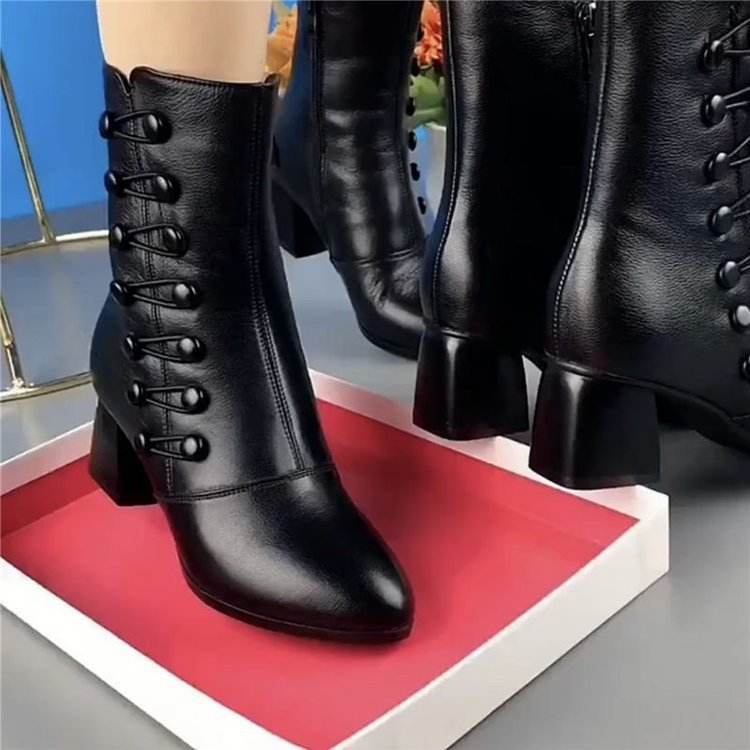 Soft Leather Ankle Boots Fashion Mid Heel Mid-calf High Heels - Mubimart