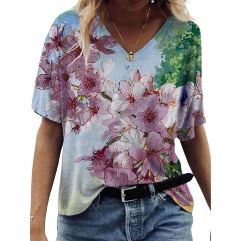 Flower Painting Printed T-shirt For Women - Mubimart