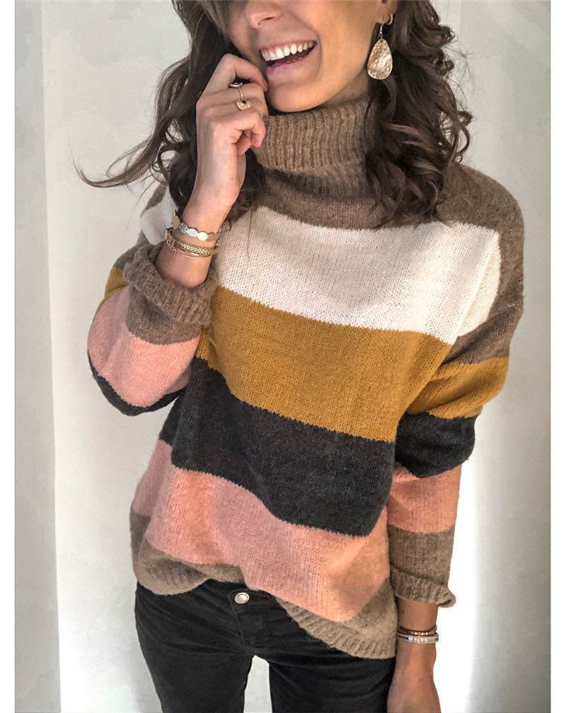 Turtleneck Stitching Knitted Sweater OL Large Size Striped Sweater - Mubimart