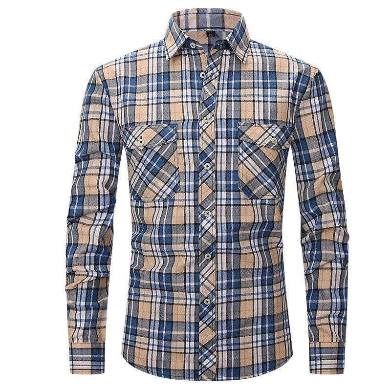 Men's Long Sleeve Double Pocket Flannel Shirt With Brushed Plaid - Mubimart