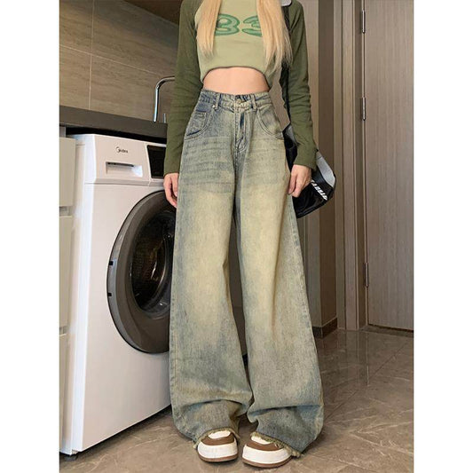 Retro Blue Distressed Wide-leg Jeans For Women - Mubimart