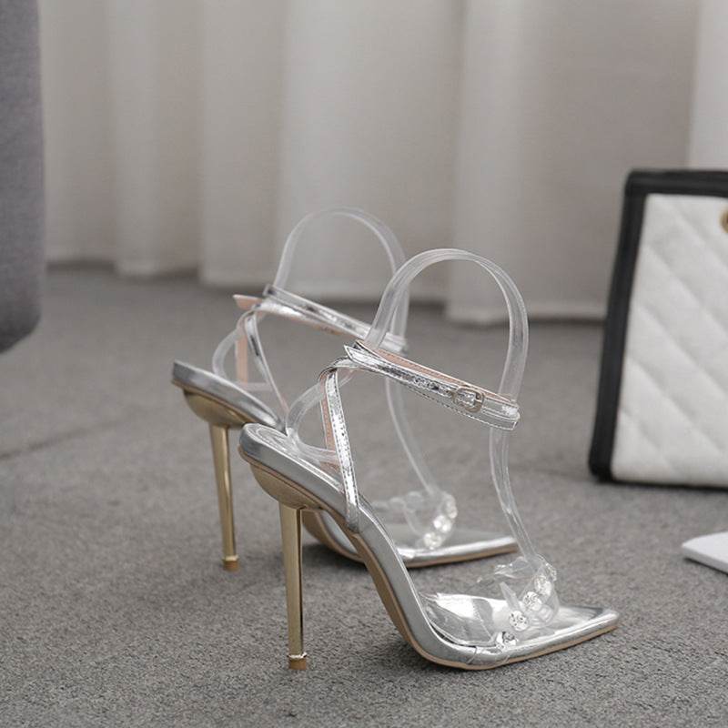 Rhinestone Ankle Spaghetti Straps High Heel Strappy Sandals - Mubimart