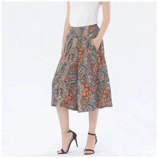 Slim And Casual High Waisted Printed Wide Leg Capris - Mubimart