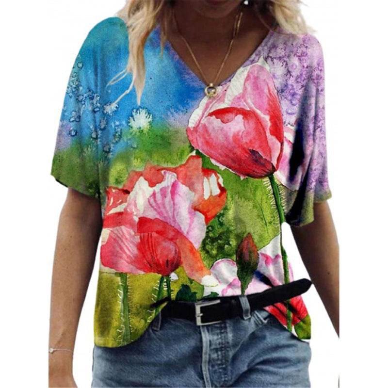 Flower Painting Printed T-shirt For Women - Mubimart