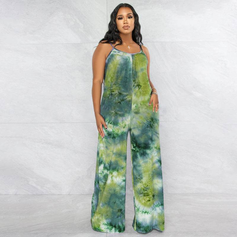 Tie-dyed Printed Sling Casual Plus Size Jumpsuit - Mubimart