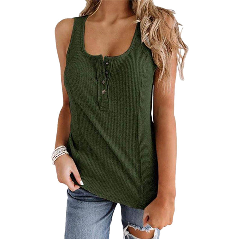 Solid Color Button Sleeveless Tank Top T Shirt Women - Mubimart -  