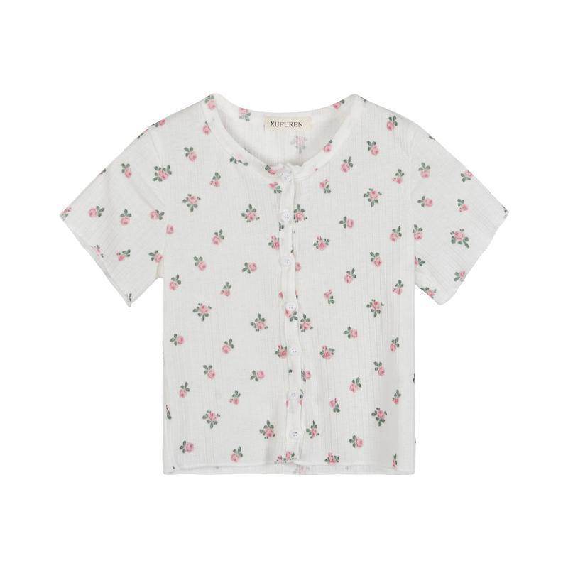 Little Flower Summery Crop Top With Buttons Kawaii T-Shirt Women - Mubimart
