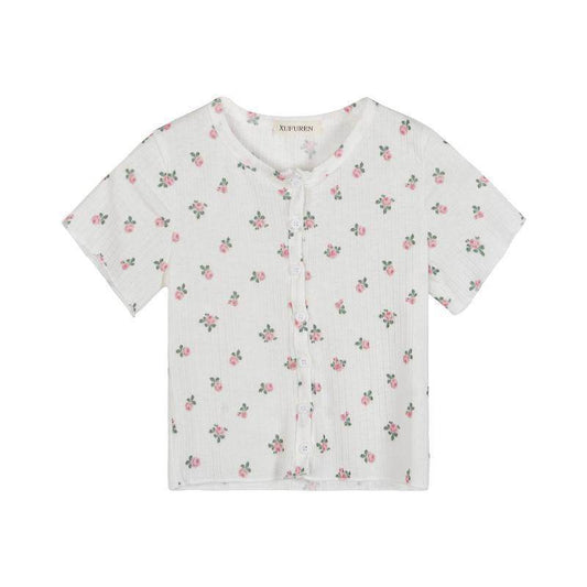 Little Flower Summery Crop Top With Buttons Kawaii T-Shirt Women - Mubimart