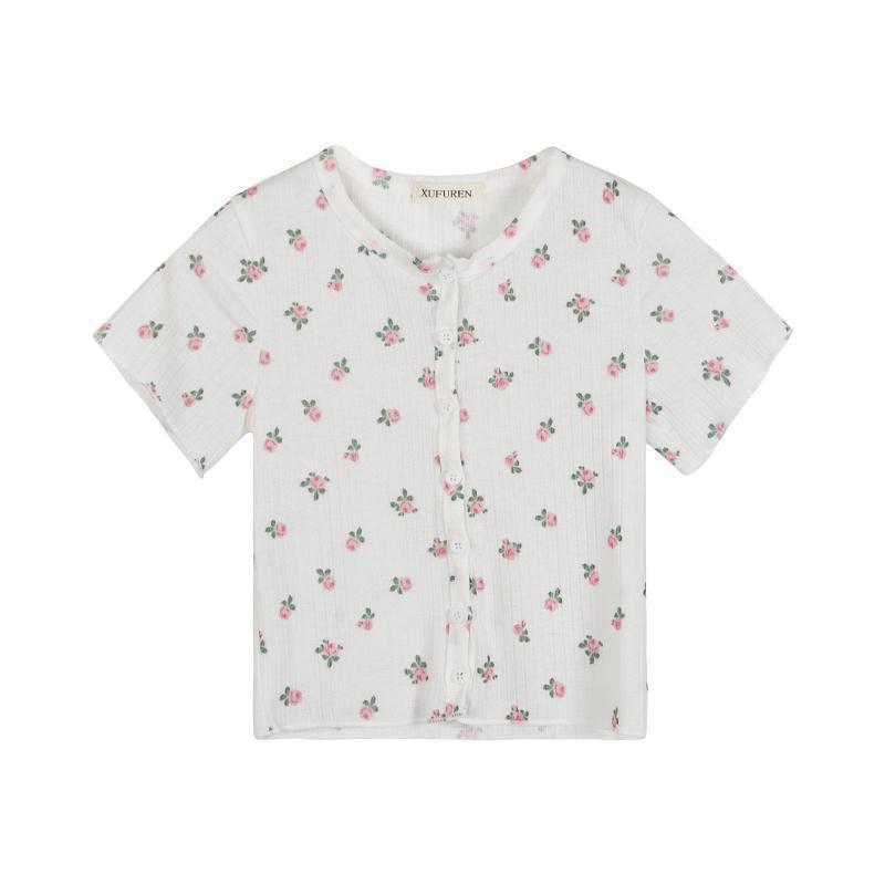 Little Flower Summery Crop Top With Buttons Kawaii T-Shirt Women - Mubimart -  