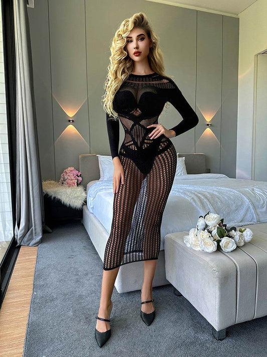 Sexy Lingerie Nightdress Super Plus Size Long Sleeve Transparent Cutout - Mubimart