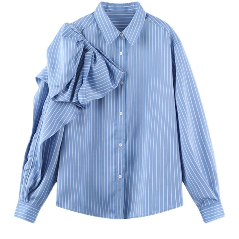 Casual Blue Striped Shirts For Women Lapel Long Sleeve Korean Bowknot Patchwork Blouses - Mubimart -  