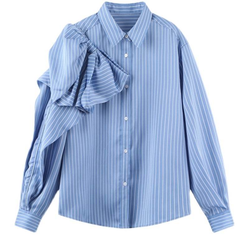 Casual Blue Striped Shirts For Women Lapel Long Sleeve Korean Bowknot Patchwork Blouses - Mubimart