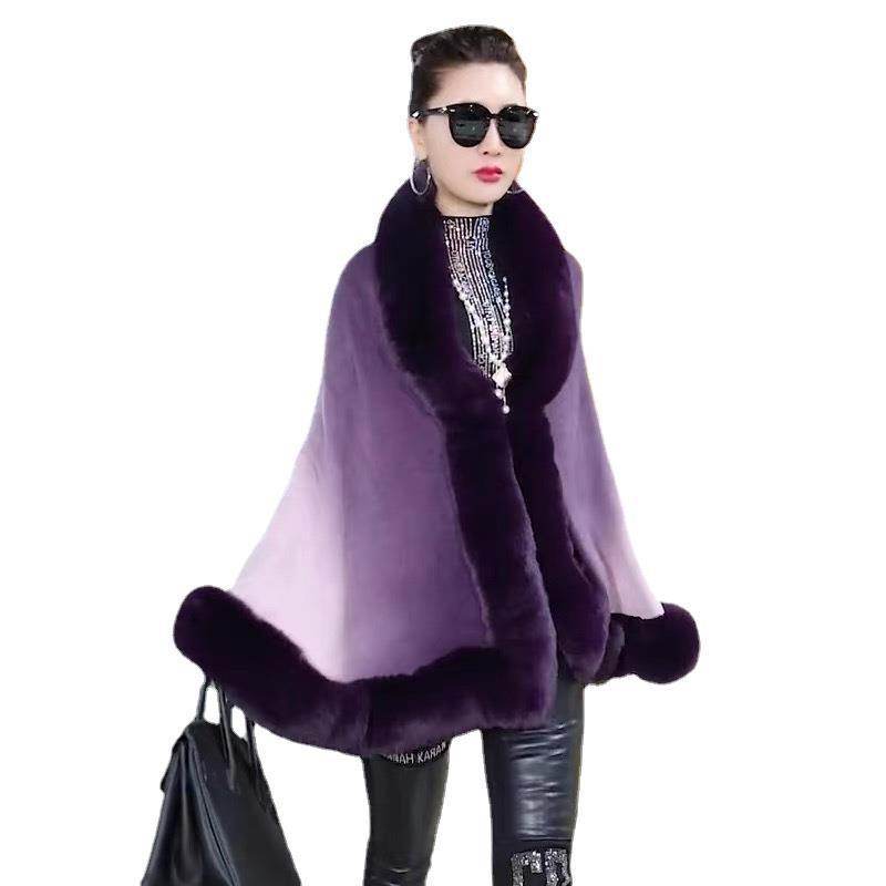 Plus Size Women's Knit Cardigan Jacket Fur Collar Gradient Shawl Cape - Mubimart