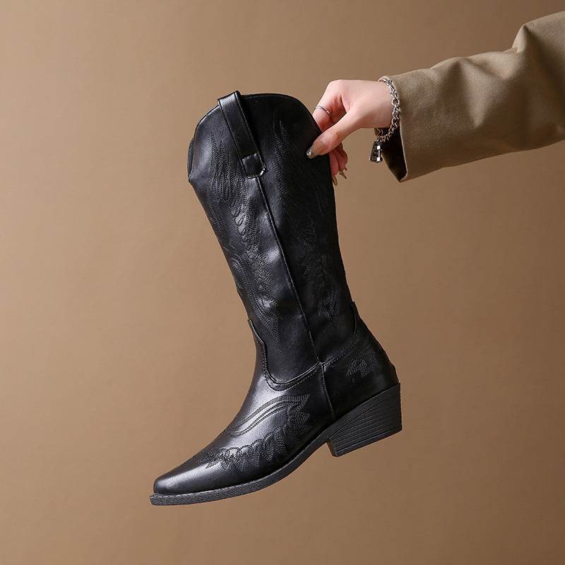 Fashion Embroidery Western Cowboy Boot Women Pointed Mid-calf - Mubimart