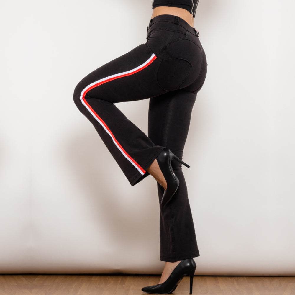 Shascullfites Melody Side Stripe Denim Flare Jeans Stretch Pants Slim Butt Lift Flare Pants Scrunch Bum Black Jeans - Mubimart