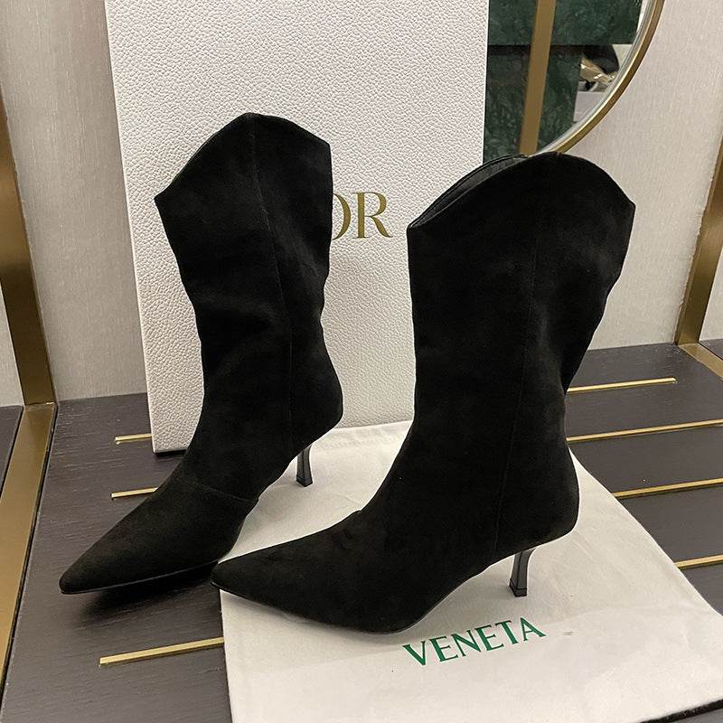 Pointed-toe Retro Western Cowboy Boot Slimming Suede Mid Boots - Mubimart
