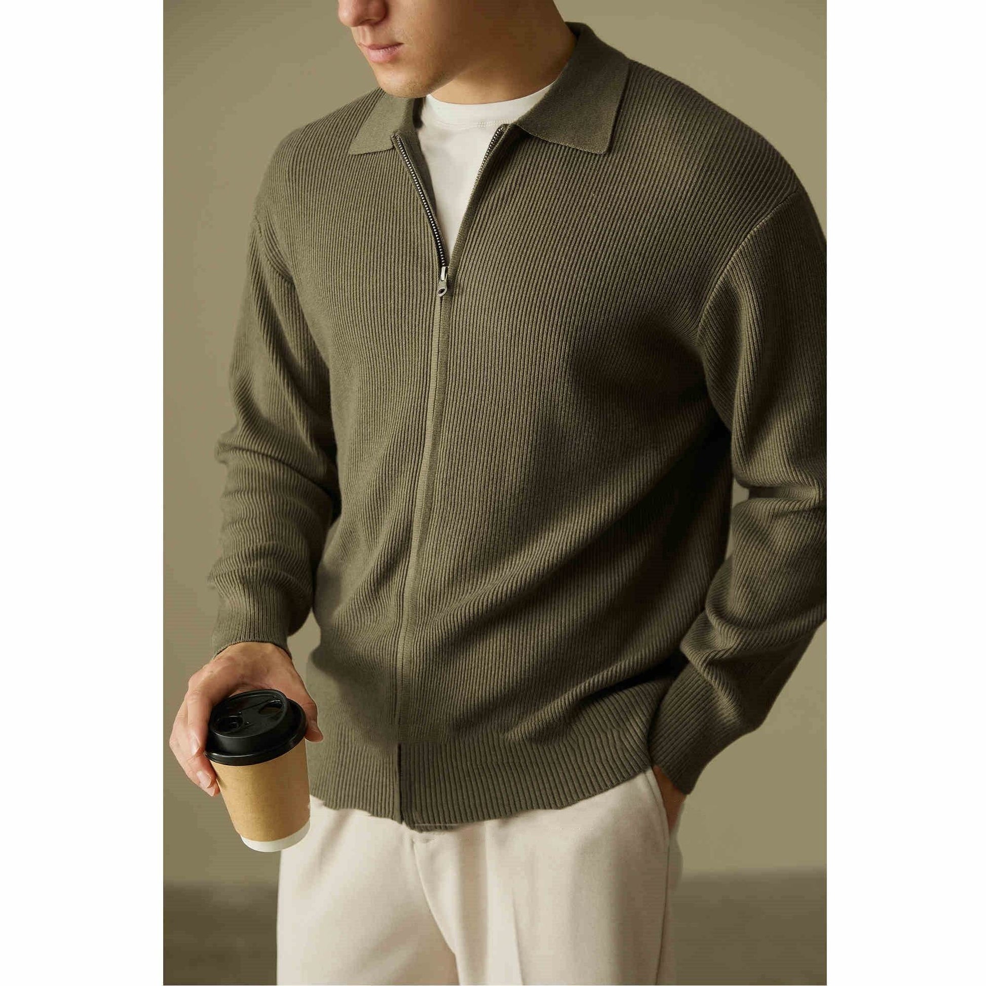 Wool Blended Men's Cardigan Zip Sweater - Mubimart
