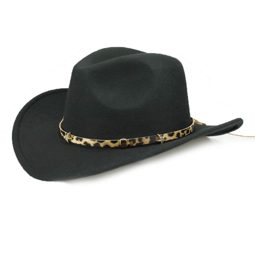 Leopard Print Five-pointed Star Belt Cowboy Hat Men's And Women's Autumn And Winter Woolen Fedora Hat Outdoor Knight Hat Western Cowboy Hat - Mubimart
