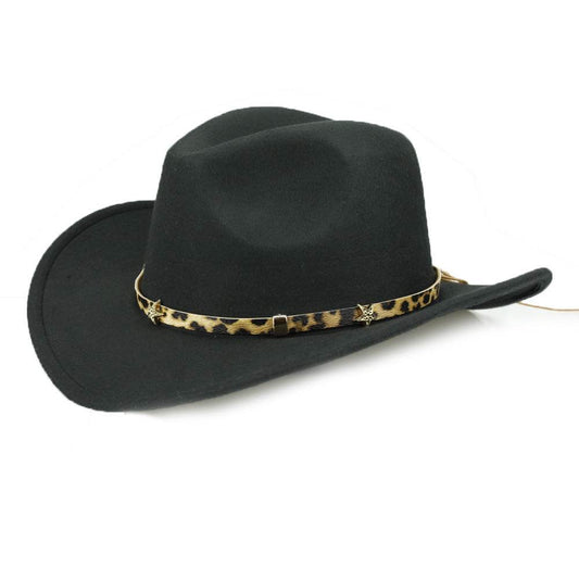 Leopard Print Five-pointed Star Belt Cowboy Hat Men's And Women's Autumn And Winter Woolen Fedora Hat Outdoor Knight Hat Western Cowboy Hat - Mubimart