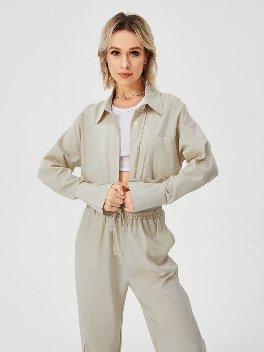 Women Two Piece Outfits For Women Long Sleeve Button Down Wide Leg Loungewear Pajama Set - Mubimart