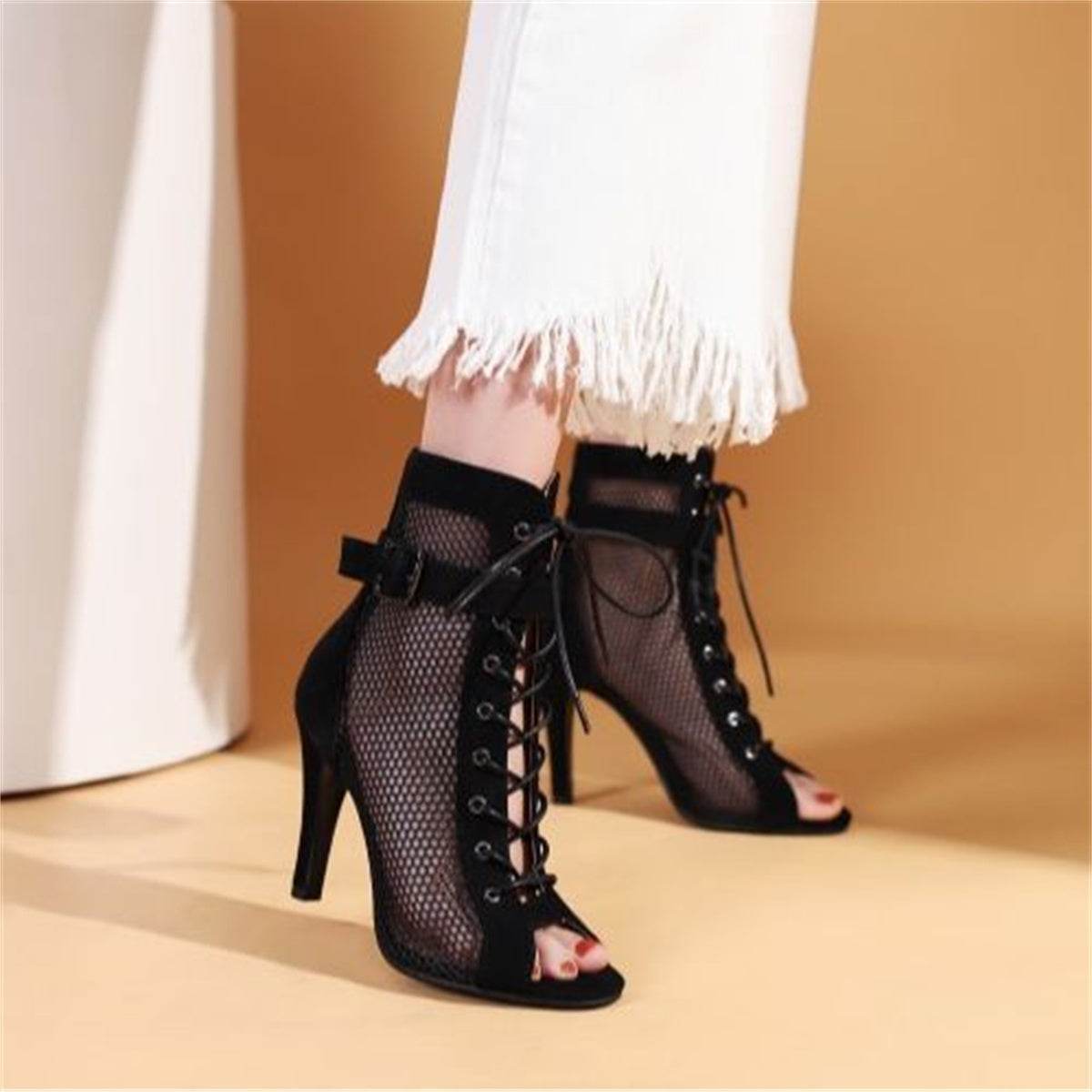Stylish Peep Toe Hollow Mesh Cross Lace-up Buckle Dance High Heels - Mubimart