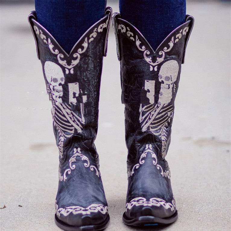 Skull Tall Pointed Toe Chunky Mid Heel Martin Boots - Mubimart