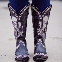 Skull Tall Pointed Toe Chunky Mid Heel Martin Boots