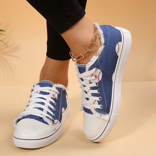 Casual Flat Canvas Shoes Flowers Lace-up Flowers Print Loafers Women Walking Shoes - Mubimart