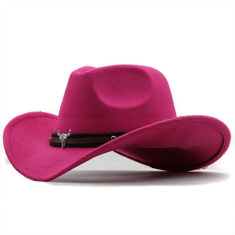 Metal Bull Head Label Western Denim Top Woolen Fedora Hat - Mubimart