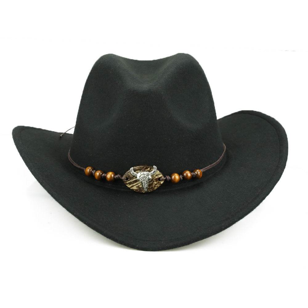 Western Cowboy Hat Wooden Bead Bull Head Fedora Hat - Mubimart