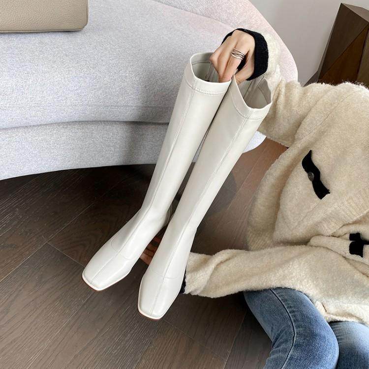 Women's Long Boots With Thick Heels And Square Head Show Thin Tall Thick Legs Elastic Large Circumference - Mubimart
