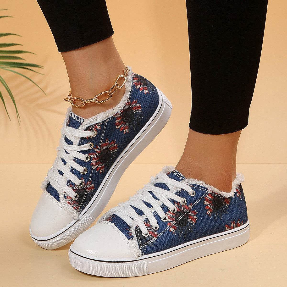 Casual Flat Canvas Shoes Flowers Lace-up Flowers Print Loafers Women Walking Shoes - Mubimart