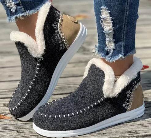 Fleece-lined Thick Plush Boots Warm Sewing Flat Cotton Shoes Winter Ankle Boot - Mubimart