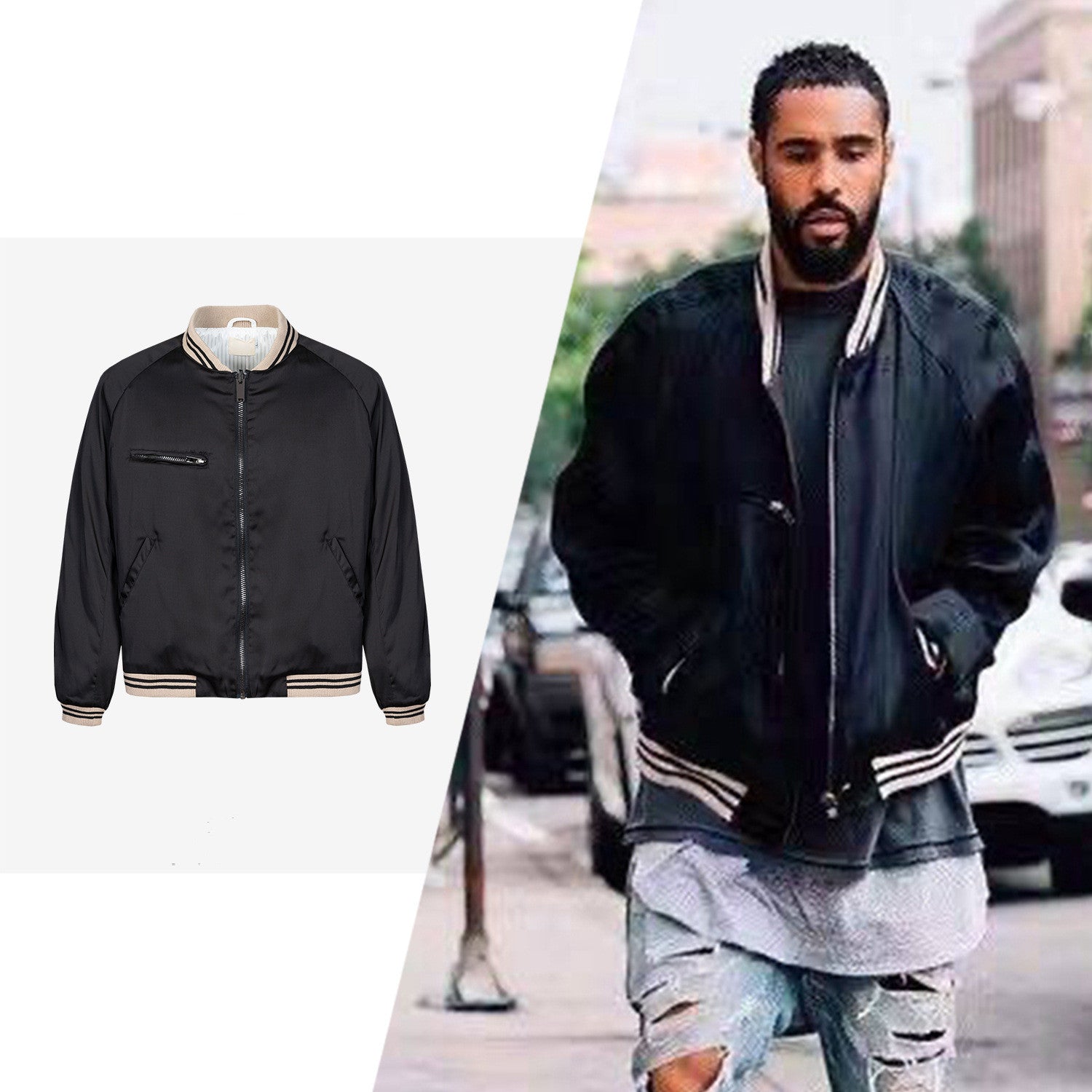 Black Silk Cotton Bomber Jacket