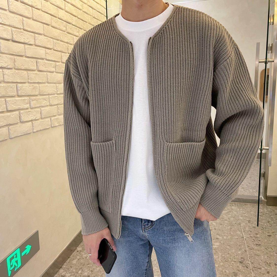 Men Zip Up Knitted Cardigan Lined Funnel Neck Jumper Sweater Pockets Coat All Seasons Comfortable Soft Long Sleeve - Mubimart
