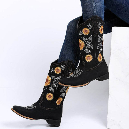 Cowboy Boots Women Sunflower Embroidery Shoes Low Heel Western Boot - Mubimart
