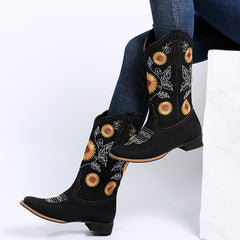 Cowboystiefel Damen, Sonnenblumen-Stickerei, Schuhe mit niedrigem Absatz, Westernstiefel