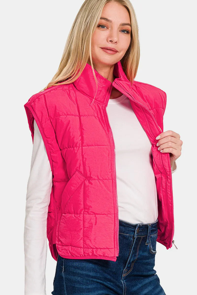 Zenana Zip Up Cropped Puffer Vest With Pockets