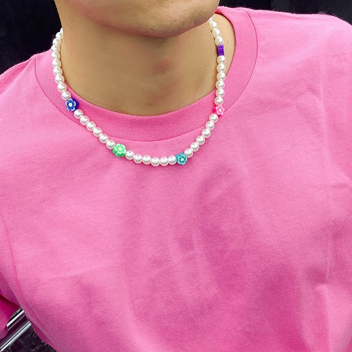 Mens Fashion Colorful Soft Pottery Flower Pearl Necklace - Mubimart