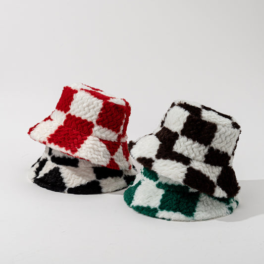 Square Plaid Plush Fisherman Hat