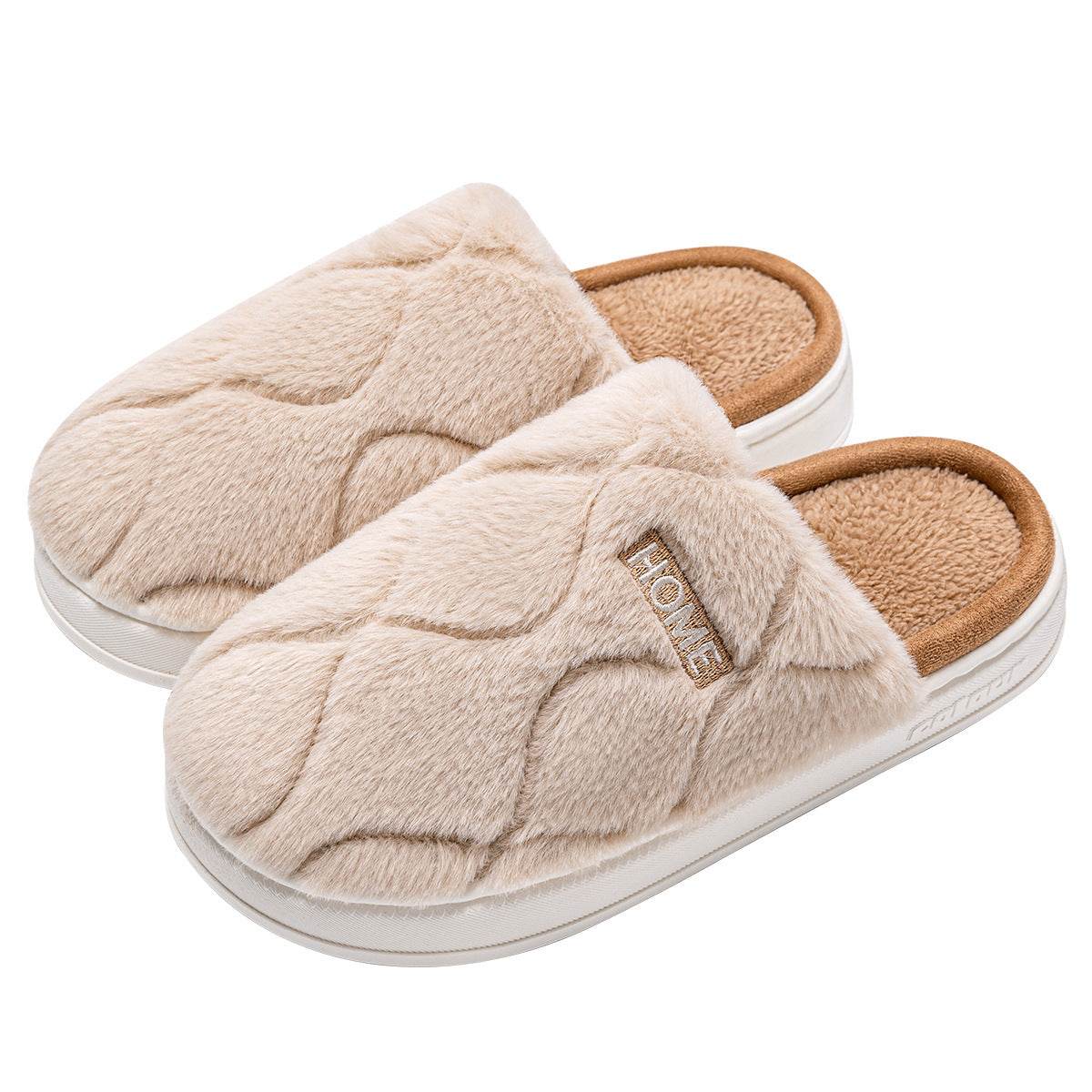 Plush Slippers Winter For Women Indoor Floor Bedroom Home Slipper Warm Solid House Shoes Men Couple - Mubimart