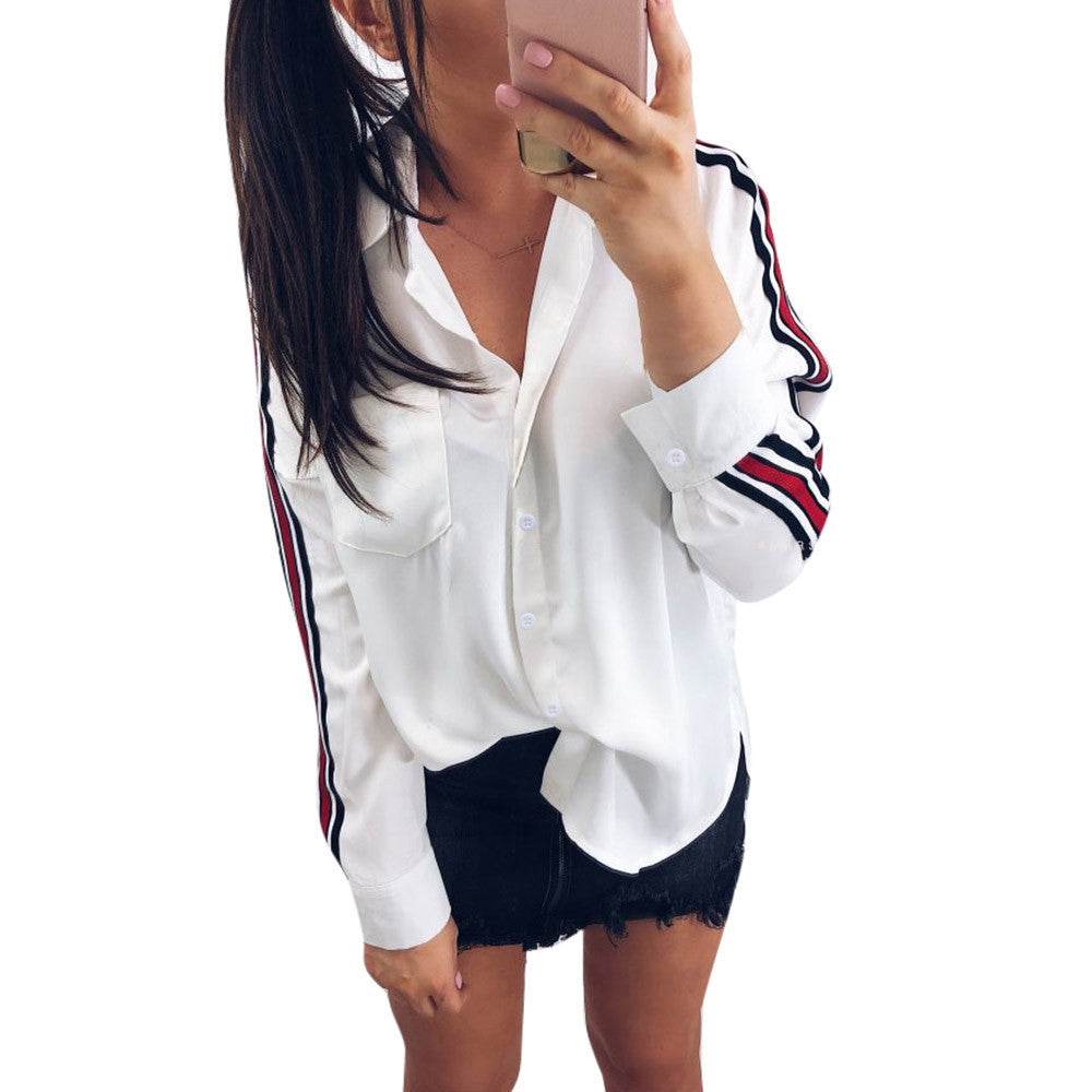 Blouse Women Casual White Stripe Long Sleeve Botton Shirt - Mubimart