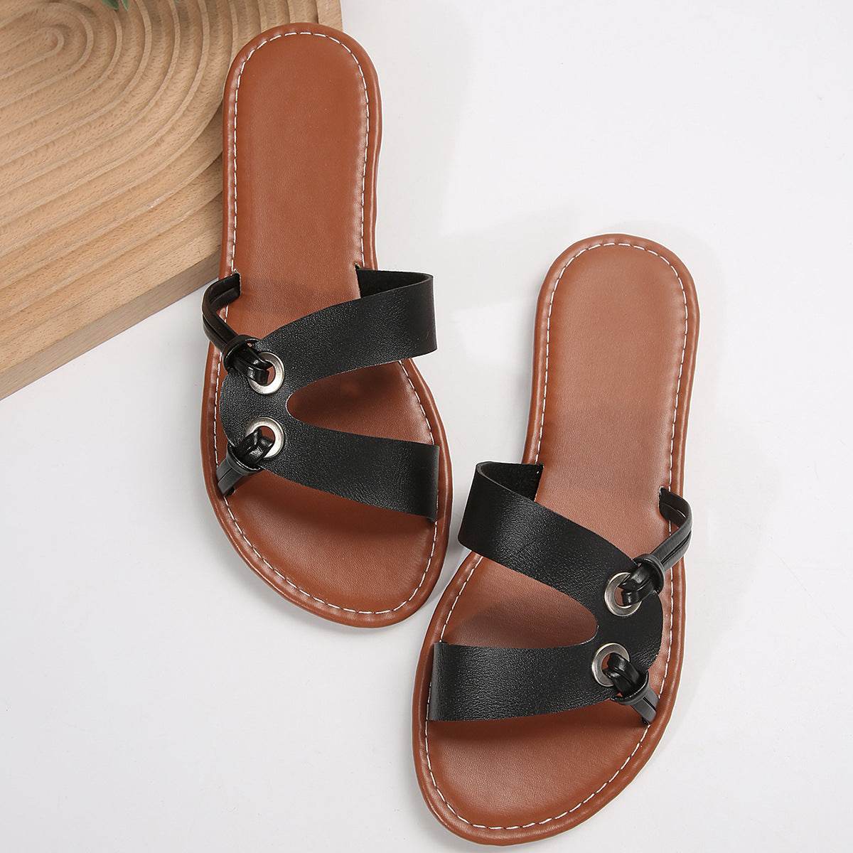 Round Toe Flat Sandals Summer Fashion Casual Non-slip Slides Shoes For Women - Mubimart