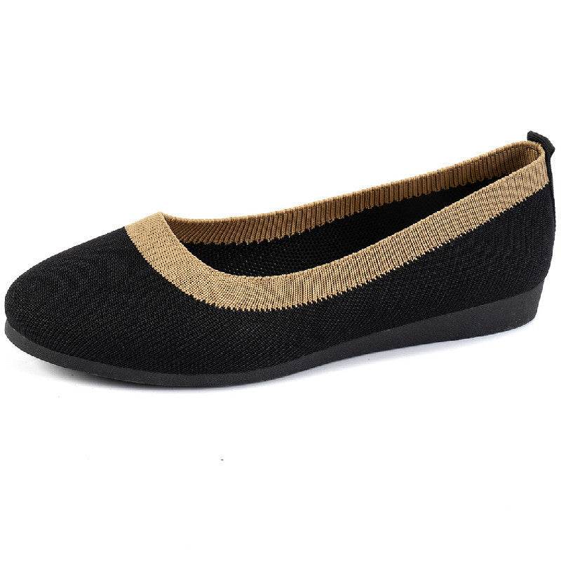 Knit Breathable Low-cut Pumps Flat Round Toe Slip-on Flying Woven Lazy Work Shoes - Mubimart
